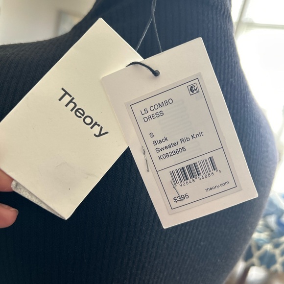 Theory LS Combo Dress Black Sweater Rib Knit Silk Shirt Tail Midi Size S NWT - Picture 5 of 8